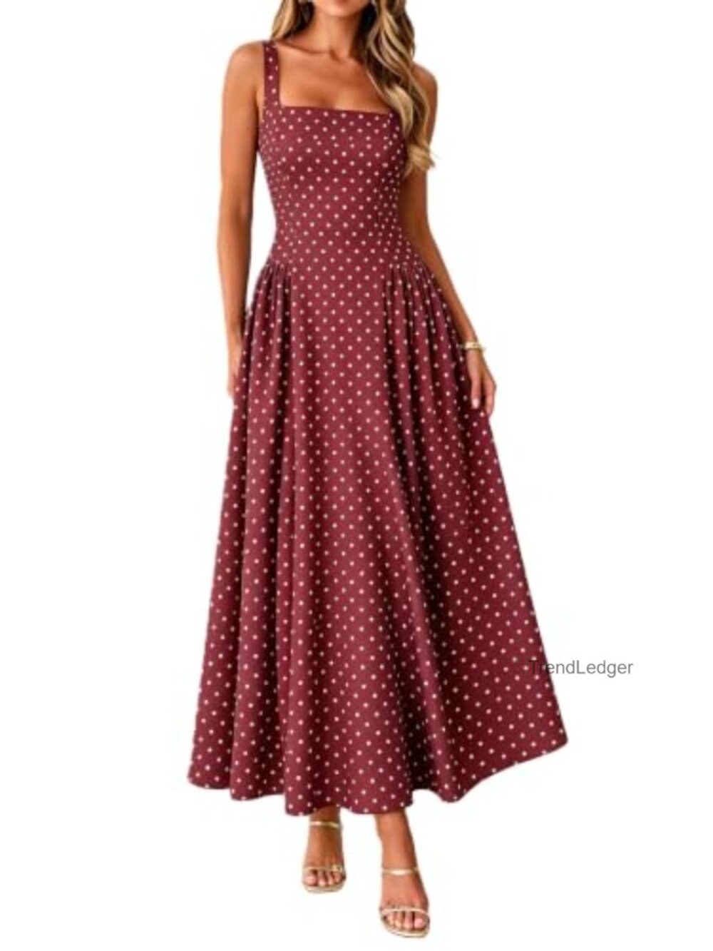 Womens Polka Dot Sleeveless A-Line Maxi Dress Square Neck Side Pockets